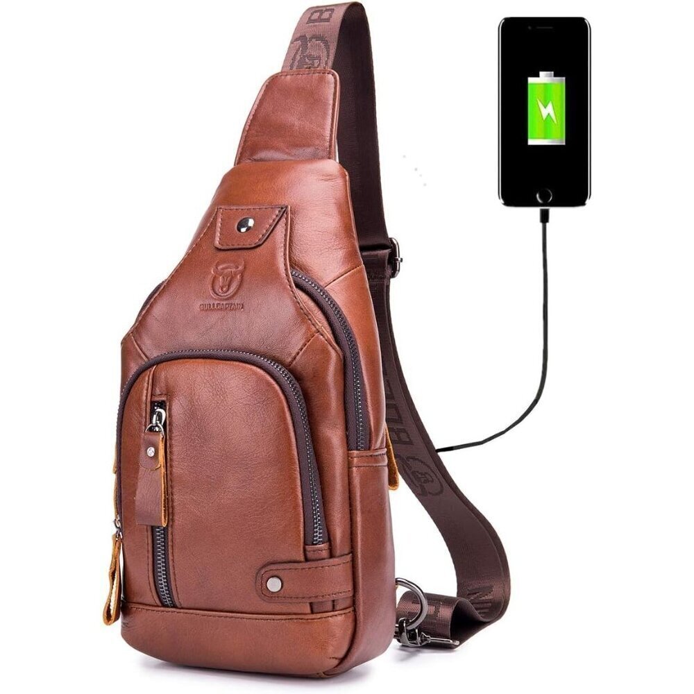 💫 Men Brown Leather Sling Bag Charging Port Multi-pocket Hiking Travel Daypack